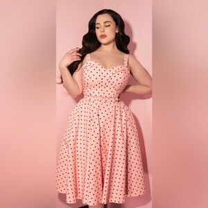 MANEATER SWING DRESS IN ROSE PINK POLKA DOT - VIXEN BY MICHELINE PITT